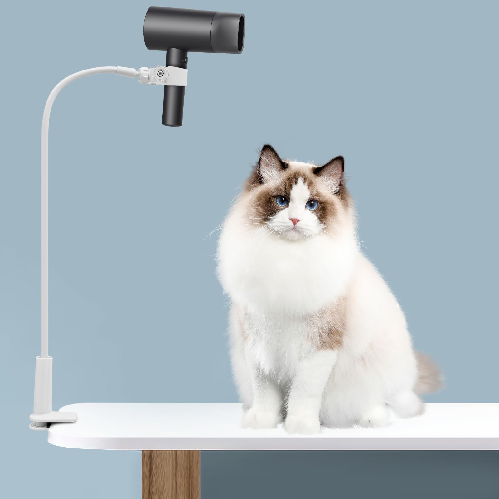 360 Degree Rotating Hair Dryer Stand Hands-Free, Lazy Adjustable Blow Dryer Holder Clamping Installation, Compatible with Most Hair Dryer, White