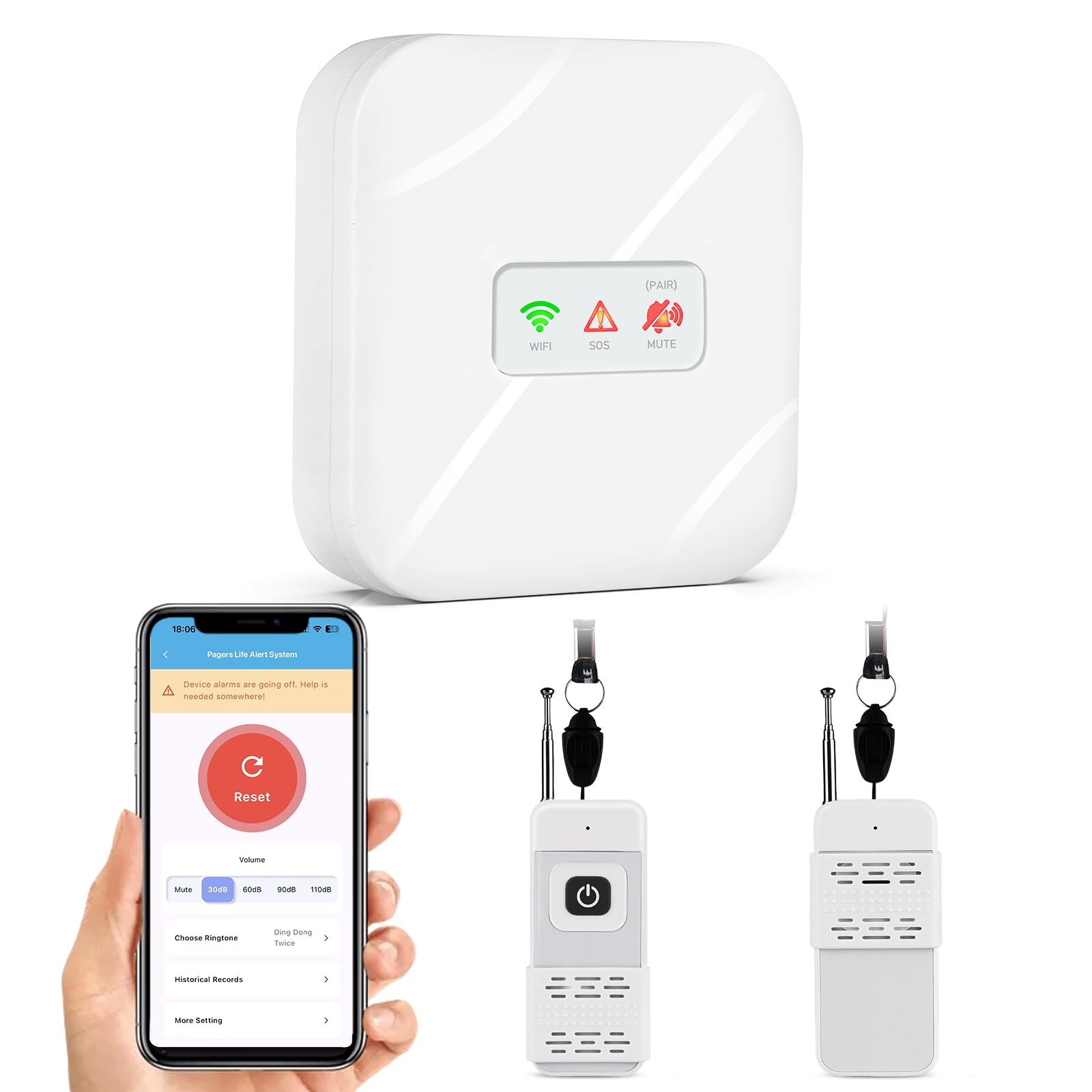 WiFi Smart Wireless Caregiver Pager Call Button System for Elderly Fall Monitoring with App Alerts & 110dB Loud Receiver, Anti-Mistouch Design (2 Panic Buttons + 1 Receiver)