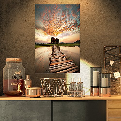 Design Art Makeshift Wooden Pier Over River Sea Bridge Canvas Wall Artwork, 16x32, Orange