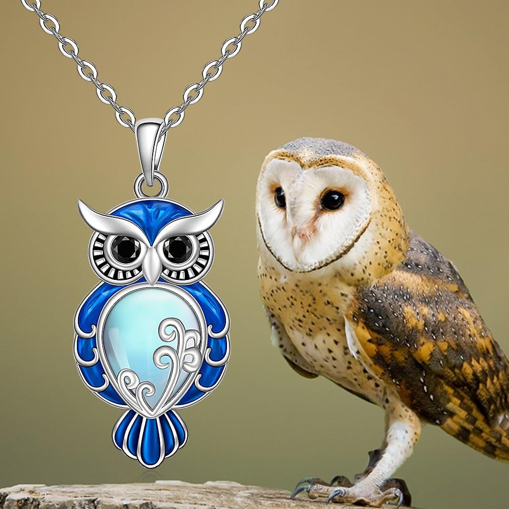 Fenthring Owl Necklace Owl Necklaces for Women Sterling Silver Moonstone Blue Owl Pendant Necklace Owls Charm Graduation Birthday Christmas Halloween Gifts - Image 5