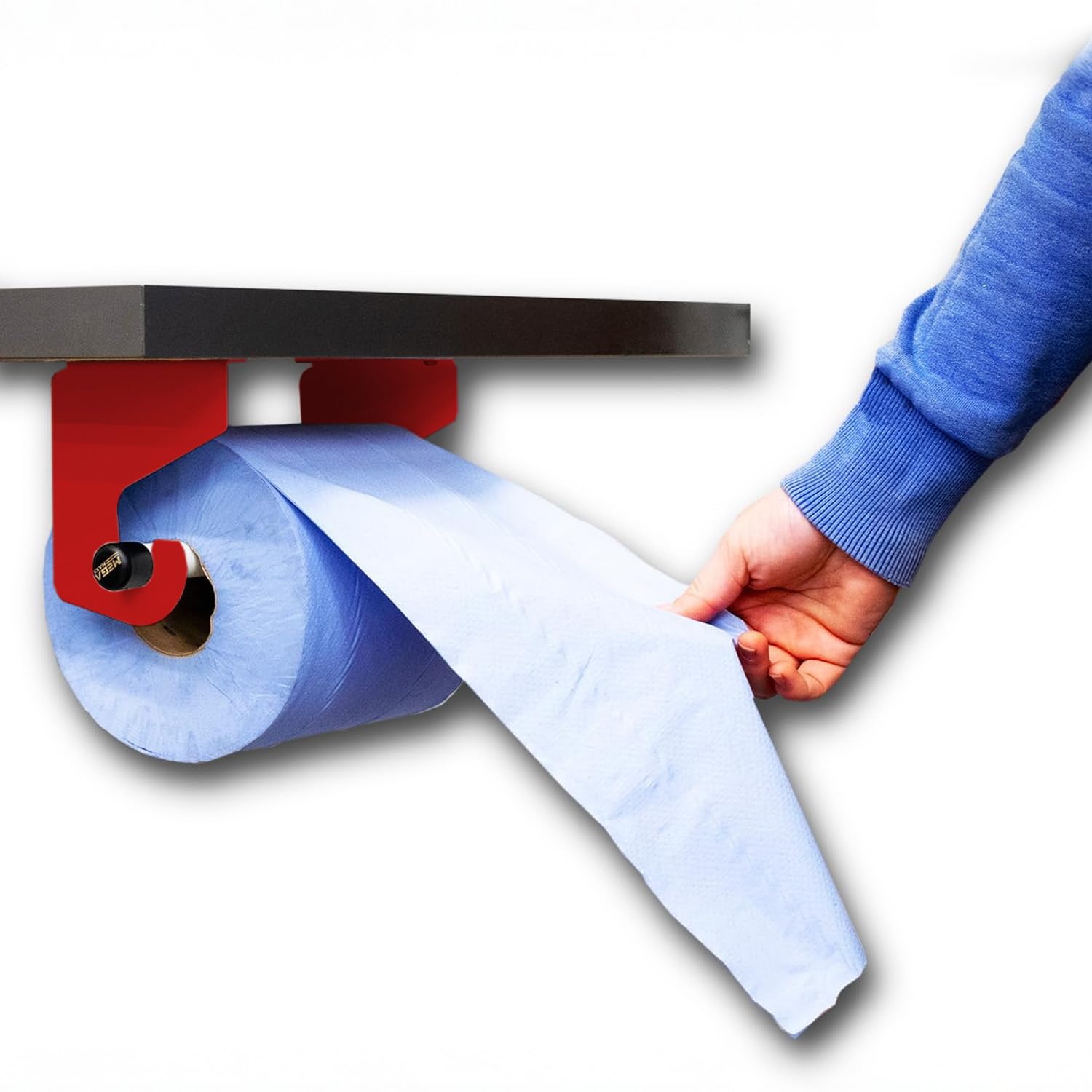Megamaxx Red Uk Under-Desk & Under-Counter Blue Roll Holder & Dispenser - Powder-Coated Steel Brackets - Under-Mount Paper Roll Holder For Workshops, Kitchens & Workbenches - Uk Made
