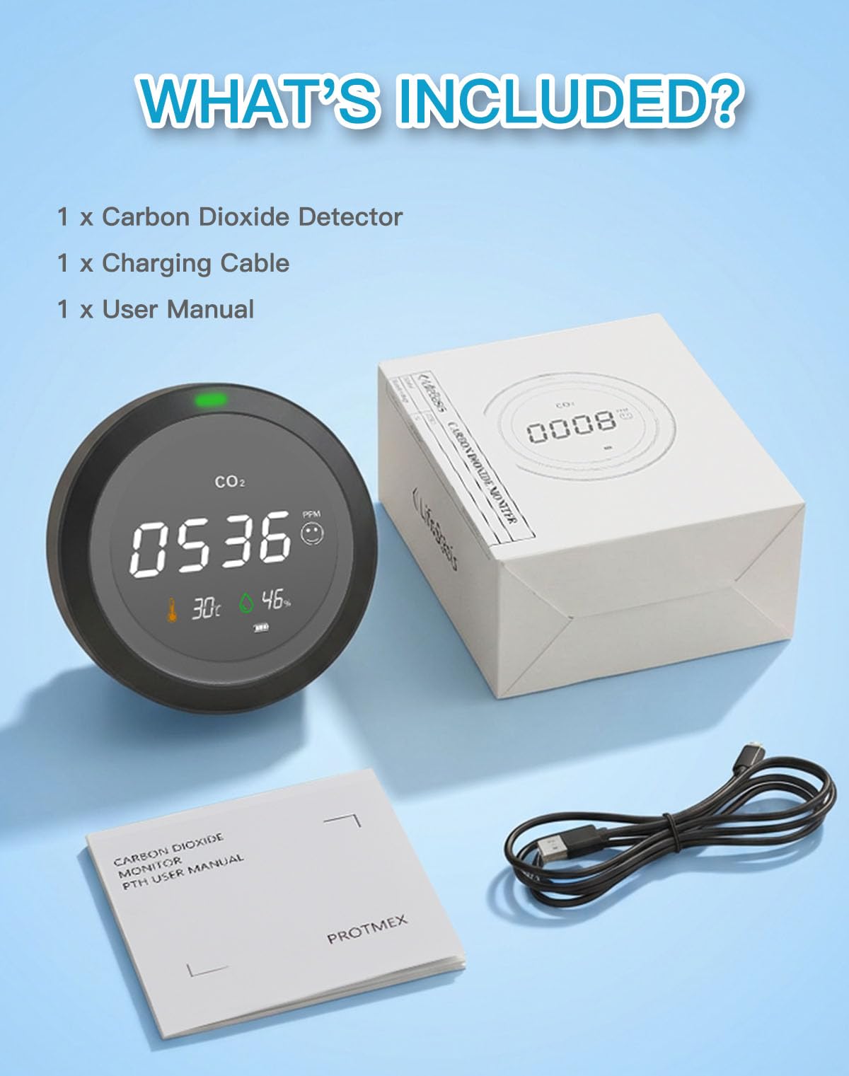 Détecteur CO2, LifeBasis Moniteur de Qualité de l'Air avec Écran LCD, Capteur NDIR, Détecteurs de CO2, Température et Humidité,0-5000 PPM, pour Maison/Bureau/Salle de Sport/Voiture