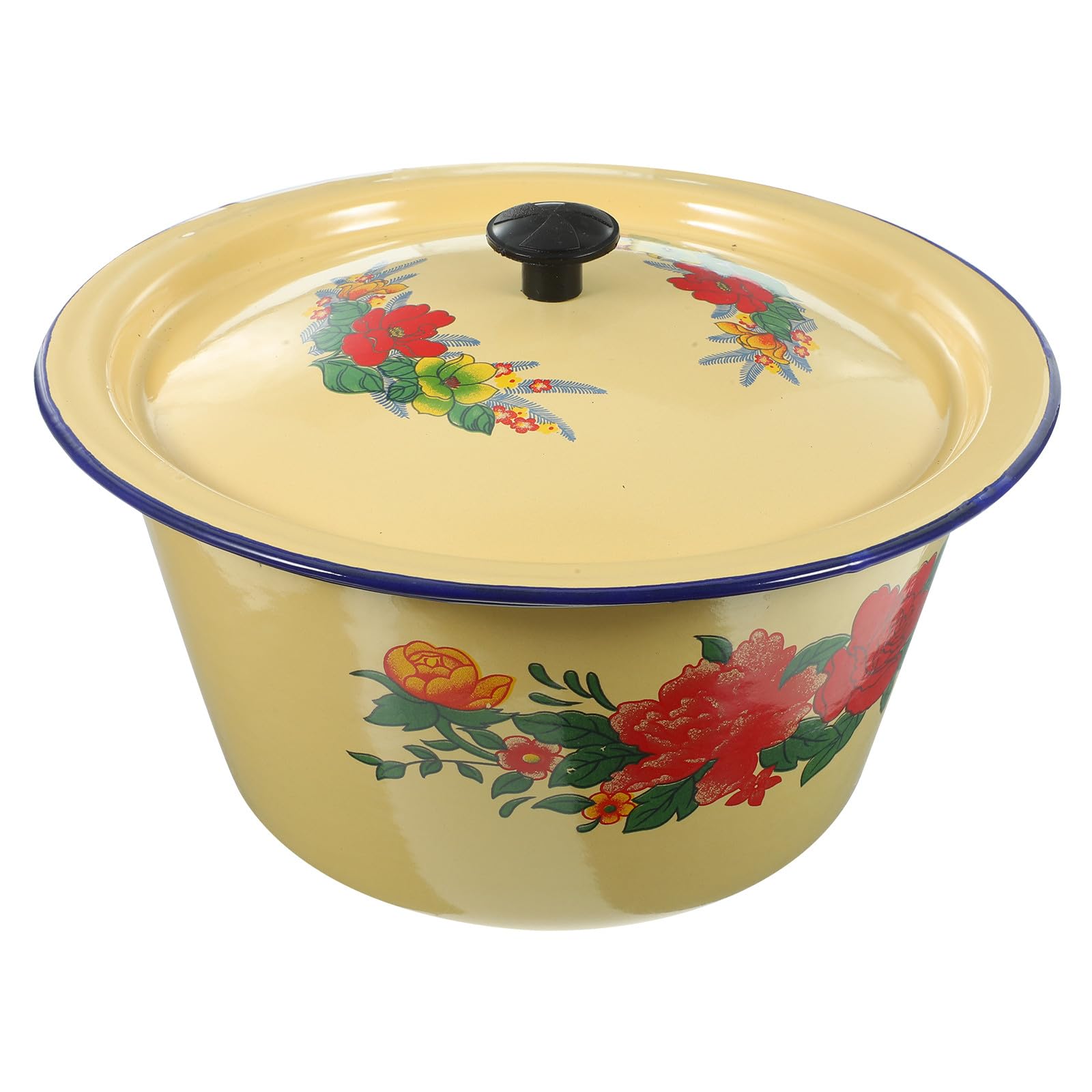 Vintage Enamel Mixing Basin with Lid 18cm Retro Enamelware Household Soup Basin for Kitchen Storage and Hand Washing