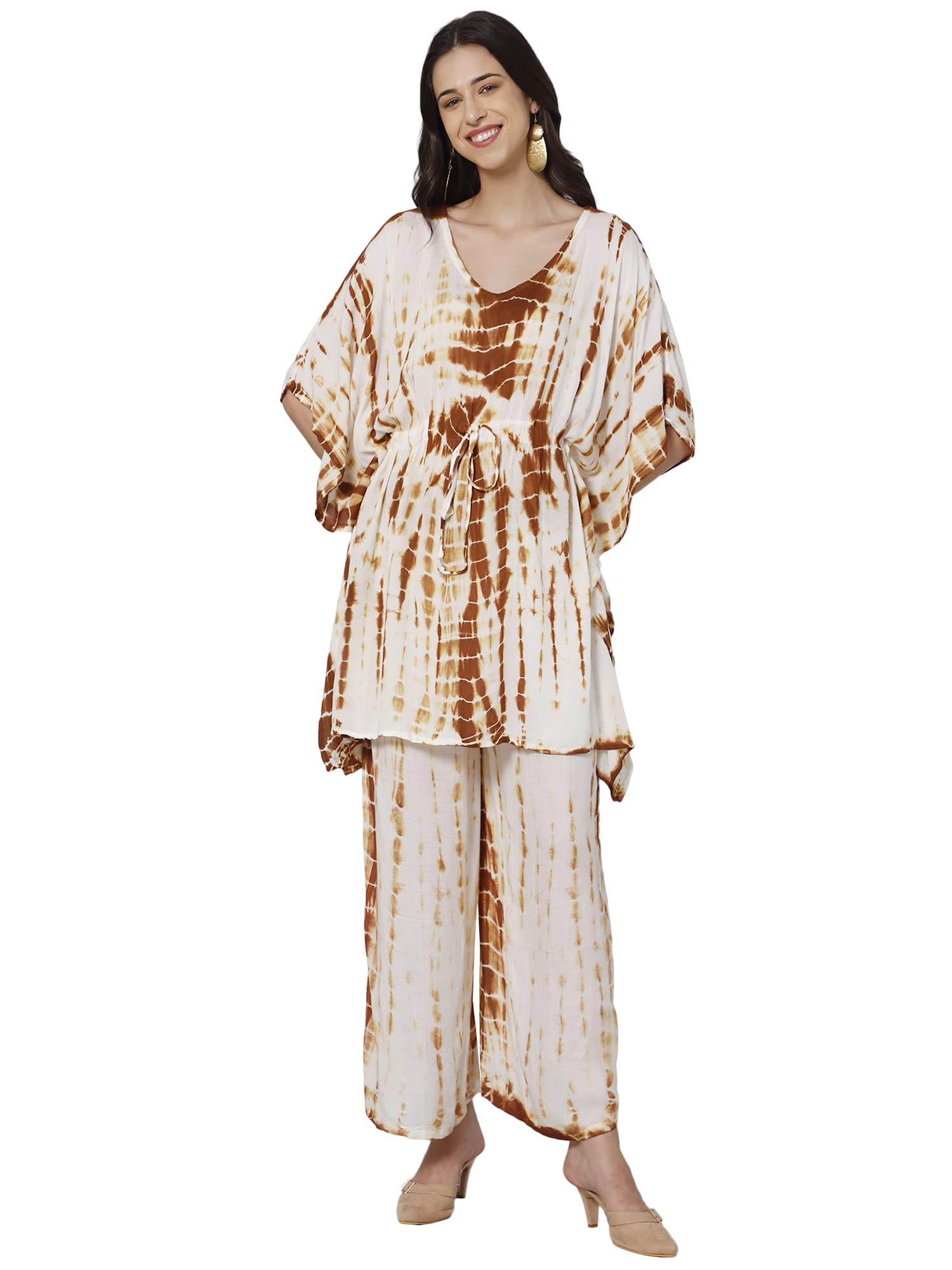 aditi wasan Women's Kaftan and Palazzo Set, Tie and Dye Print Viscose Free Size - White & Brown-picture-49