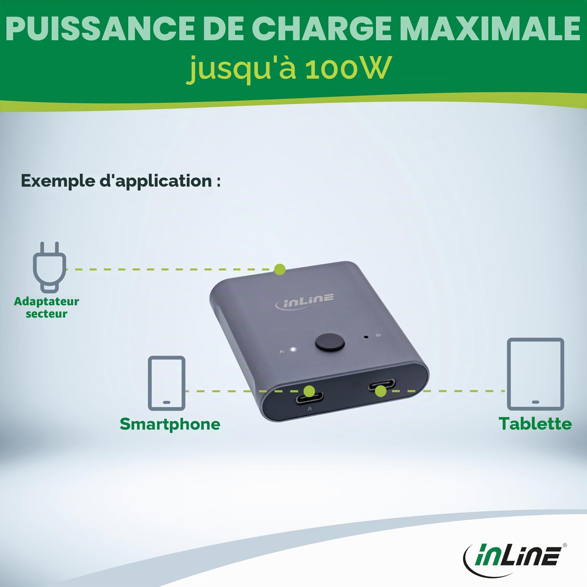 InLine Commutateur USB-C bidirectionnel (données et vidéo), 2 en 1 Sortie ou 1 en 2 Sorties, répartiteur/commutateur pour PC, vidéo 8K @ 60 Hz 4K @ 60 Hz, Transfert de données 10 GB/s, Charge 100 W,