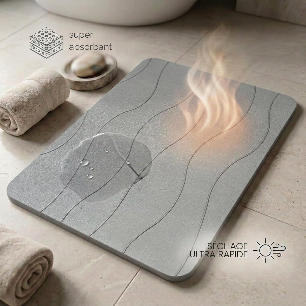 Tapis de Bain Diatomite 40x60 cm, Séchage Rapide, Antidérapant, Anti-Moisissure, Gris Clair
