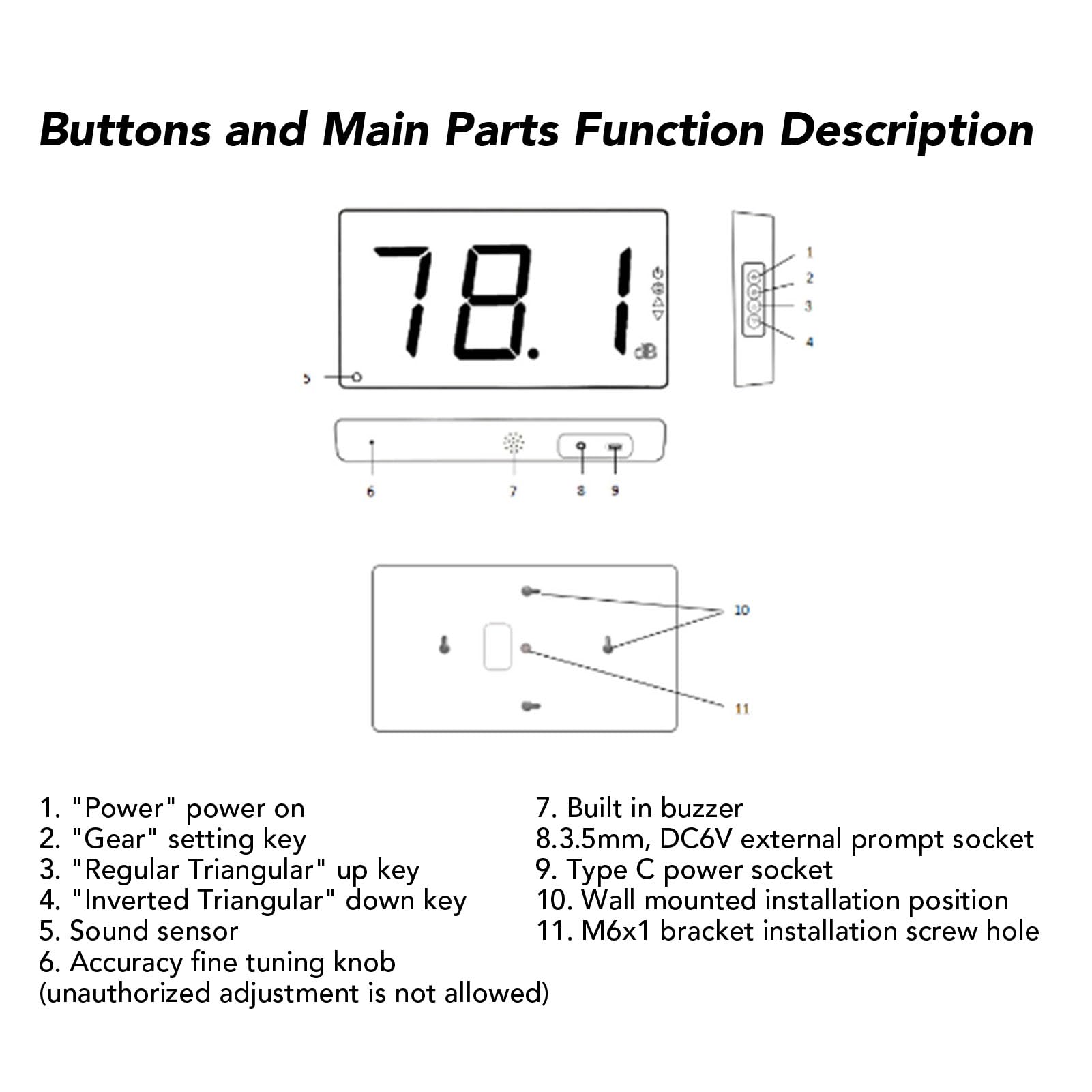 Medidor de Nivel de Sonido de Pared, Medidor de Decibelios Digital ABS con Pantalla LCD de 3 Pulgadas, Ponderación de 30 A 130 DB A, Alerta de Luz Intermitente, Soporte de Pared para Aula,