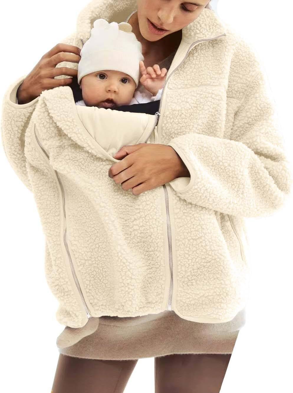 Women's Fleece Zip Up 2 in 1 Baby Wearing Jacket Maternity Winter Coat Thicken Kangaroo Sweatshirt