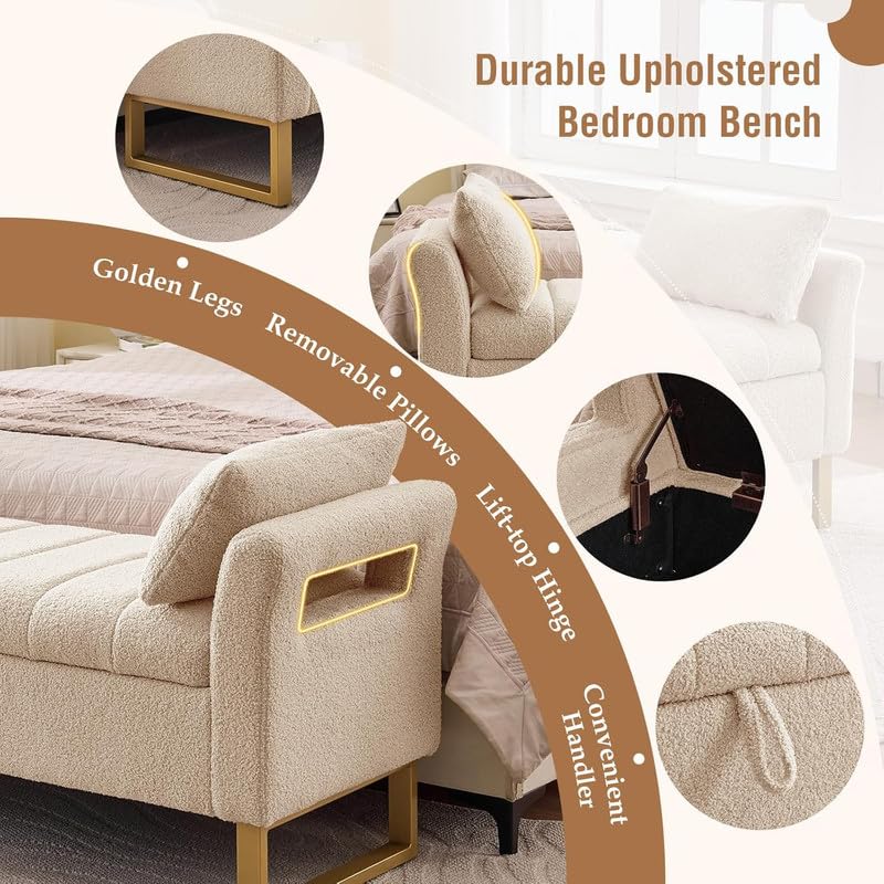 Fabrique Dover Boucl Fabric 2-Seater Ottoman Bench in Cream with Metal Legs | Multipurpose Storage Chest & Sofa Bench for Living Room, Bedroom & Hall | Stylish Seating with Storage | 5-Year Warranty 1