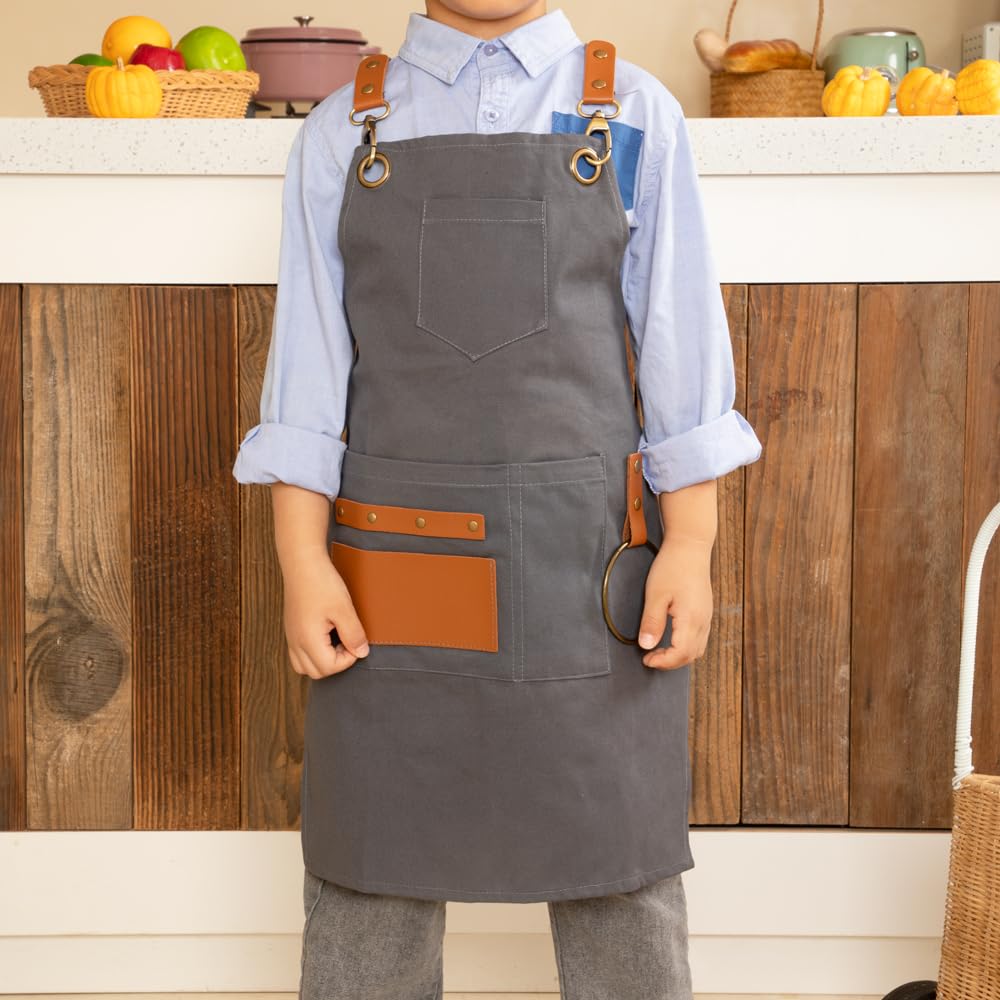 NEOVIVA Werkzeugschürze Lederschürze für Herren und Kinder, Tischlerschuerze, Arbeitsschürze, Schweißerschürze mit Taschen und Verstellbaren Gekreuzten Trägern, Strapazierfähiges Segeltuch