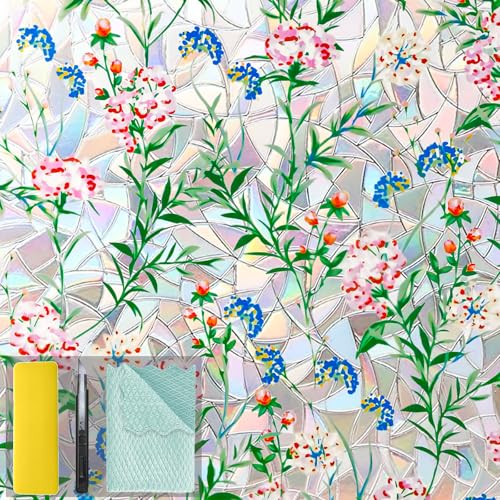 Niviy Stained Glass Window Film with Installation Tools, Heat Blocking Rainbow Window Film for Glass Doors, 3D Floral Decorative Static Cling for Home, Bathroom, Glass Door 17.5 x 118 inch