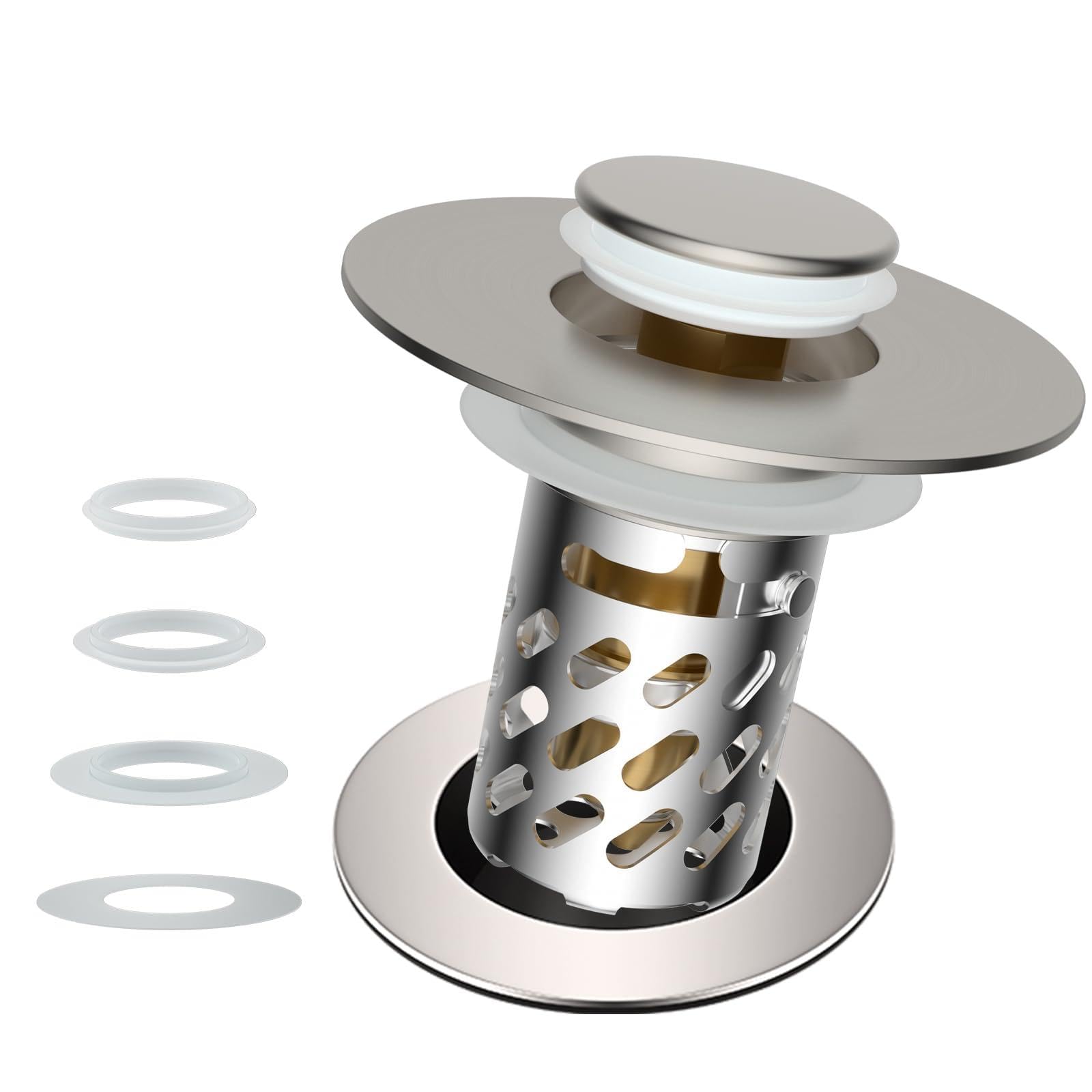 iFealClear Upgraded 3 in 1 Bathroom Sink Plug, Hair Catcher, Pop Up Sink Strainer Plug with Detachable Stainless Steel Filter, Fits Sink Holes' Diameter of 30-46 mm and a Depth > 50 mm, Brushed Nickle