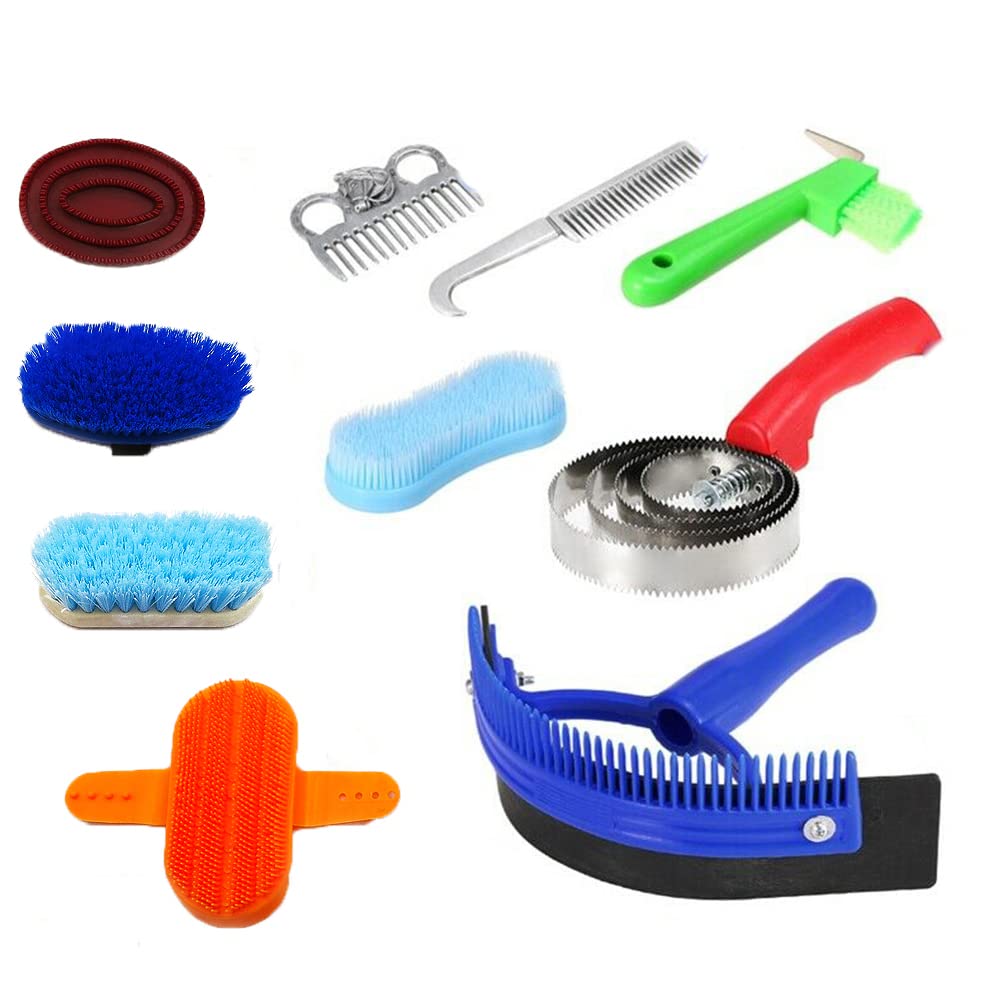 Juego de 10 piezas de aseo de caballos, kit de herramientas multiusos de cuidado ecuestre con bolsa de almacenamiento para limpieza de enfermería (color al azar)