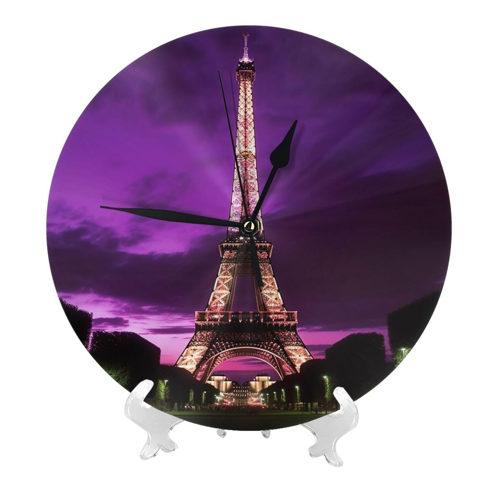 DWVTSLH Purple Eiffel Tower Wall Clock 10 Inch Silent Non-Ticking Modern Clocks Battery Operated - Decorative Wall Clocks for Bedroom Living Room Kitchen Office Wall Decor Gift Idea