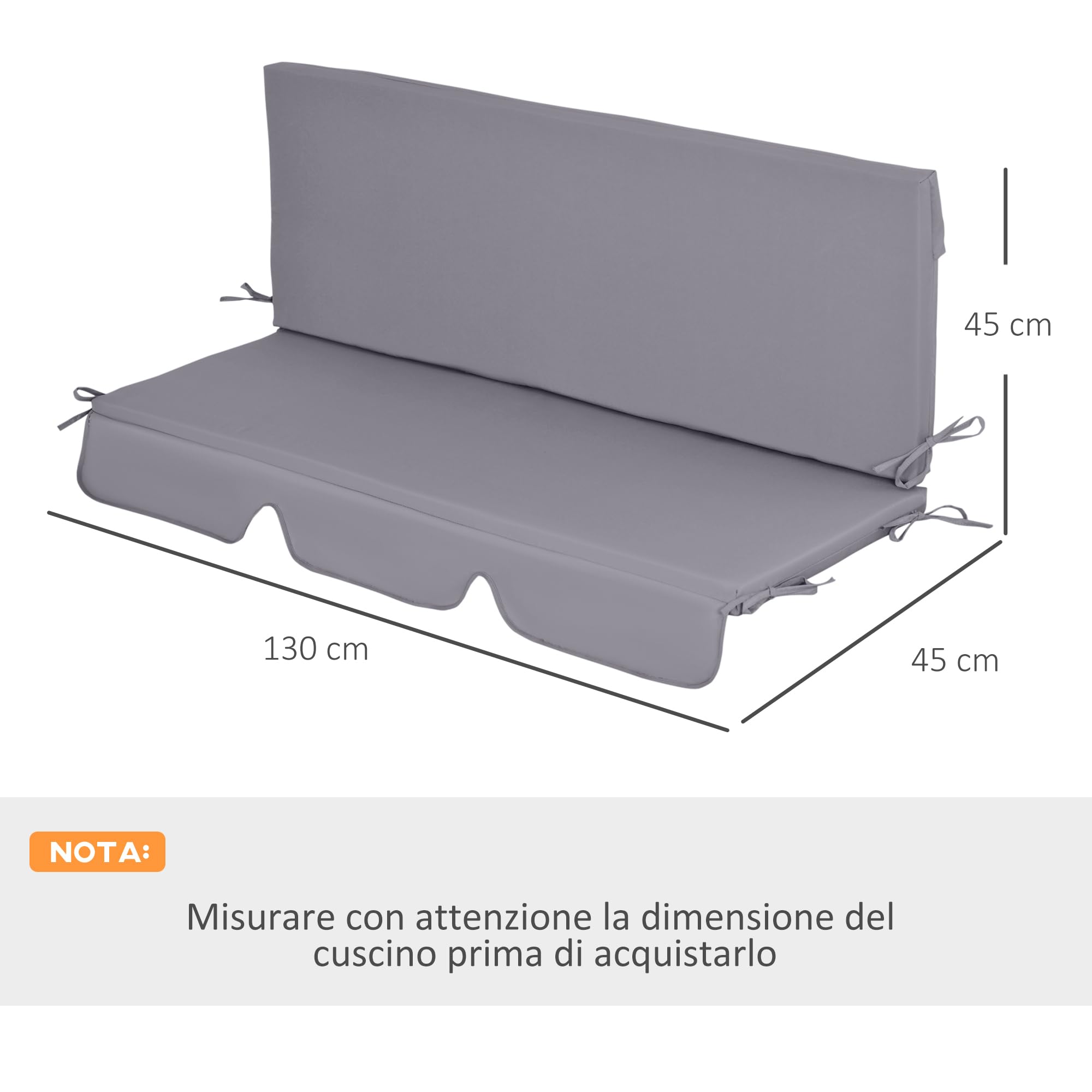 Outsunny Cuscini da Esterno in Gommapiuma e Poliestere per Dondolo da Giardino 3 Posti con Lacci di Fissaggio, 2 Pezzi da 130x45x5 cm, Grigio Scuro