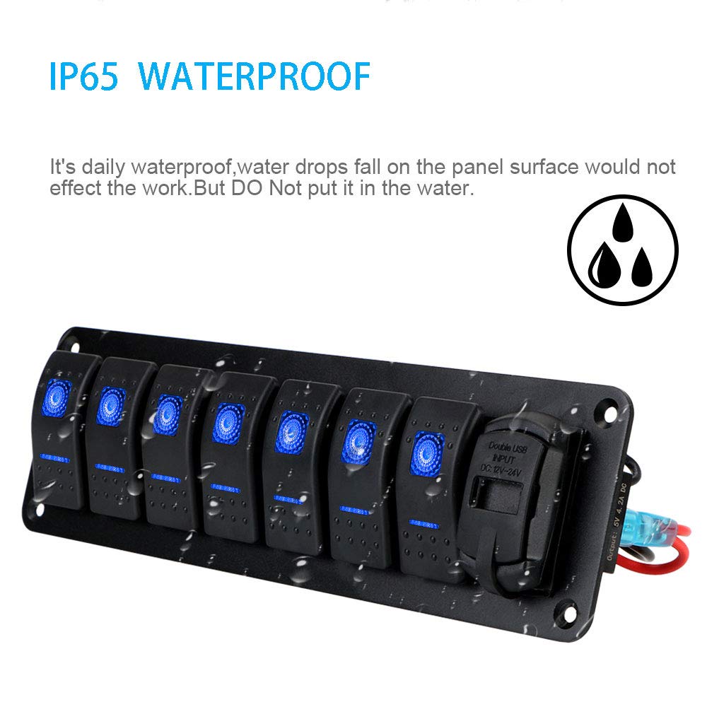 Riloer Panel de interruptor de combinación de 8 bandas, 12 V, 24 V, interruptor basculante cerrado impermeable con luz LED y pantalla de voltaje, cargador USB dual de 5 V 4,8 A