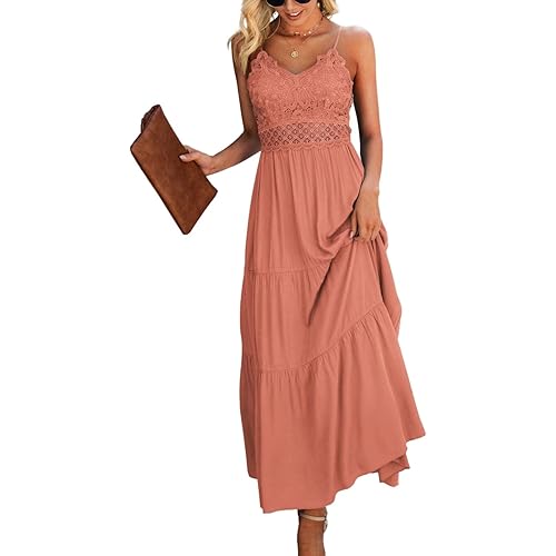 Dokuritu Women's Beach Crochet Lace Maxi Dress Solid Color Summer Vacation Spaghetti Strap Long Dress 2023