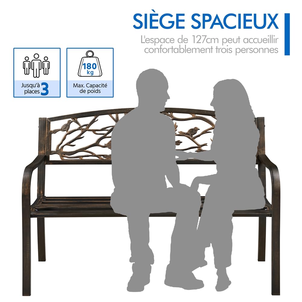 Yaheetech Banc de Jardin en métal pour 3 Personnes Style rétro, Banc de Repos en Fer avec Dossier et accoudoir pour Cour Jardin terrasse Balcon café