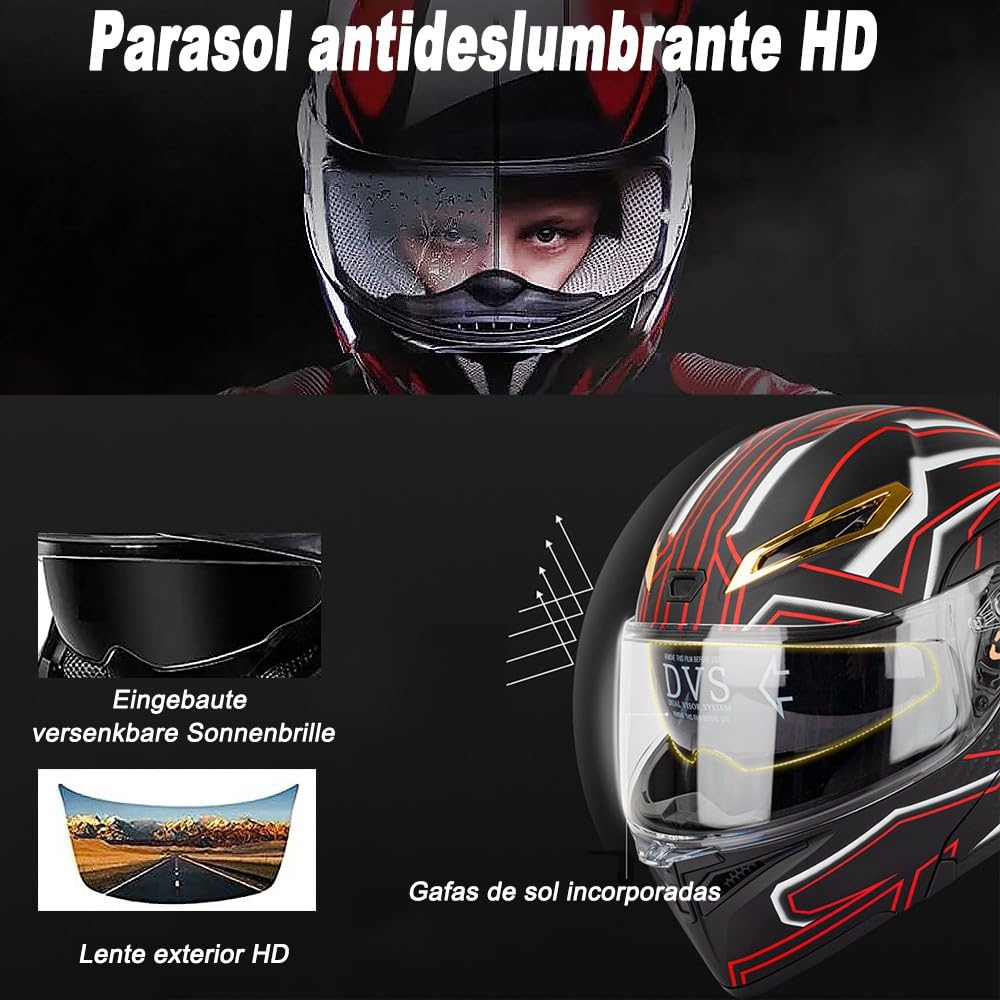 Bluetooth Cascos Modulares de Moto, Casco Abatible ECE Homologado, Casco Modular Integrado con Visera Solar Doble Antivaho y Forro Extraíble,Casco Cola Grande para Hombres Mujeres