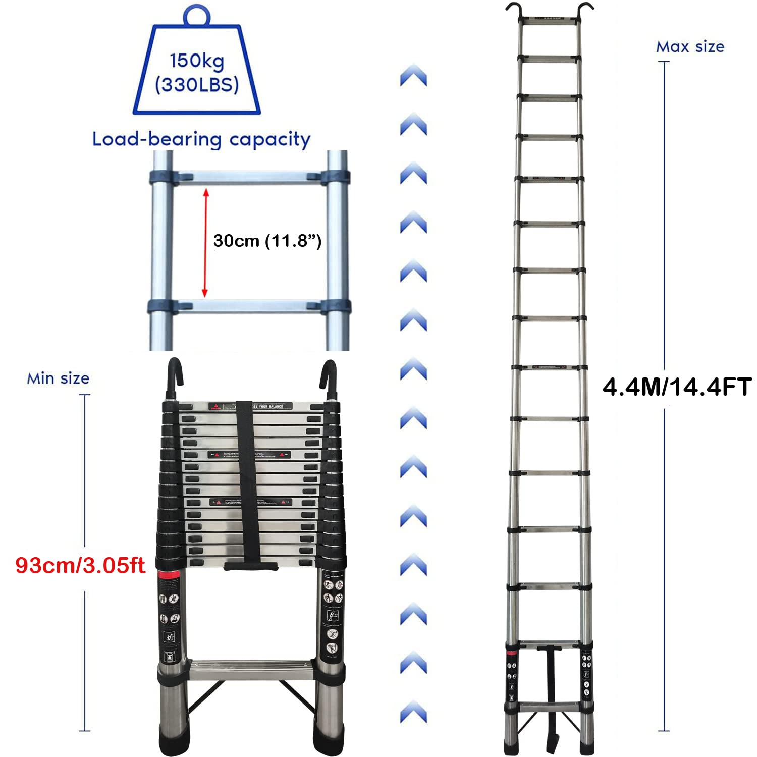 4,4M Teleskopleiter mit Haken Edelstahl Leiter Klappleiter Ausziehleiter Stehleiter Rutschfester, Teleskop-Design, aus hochwertigem Edelstahl, Tragbar, Leichte, 150 kg Belastbarkeit