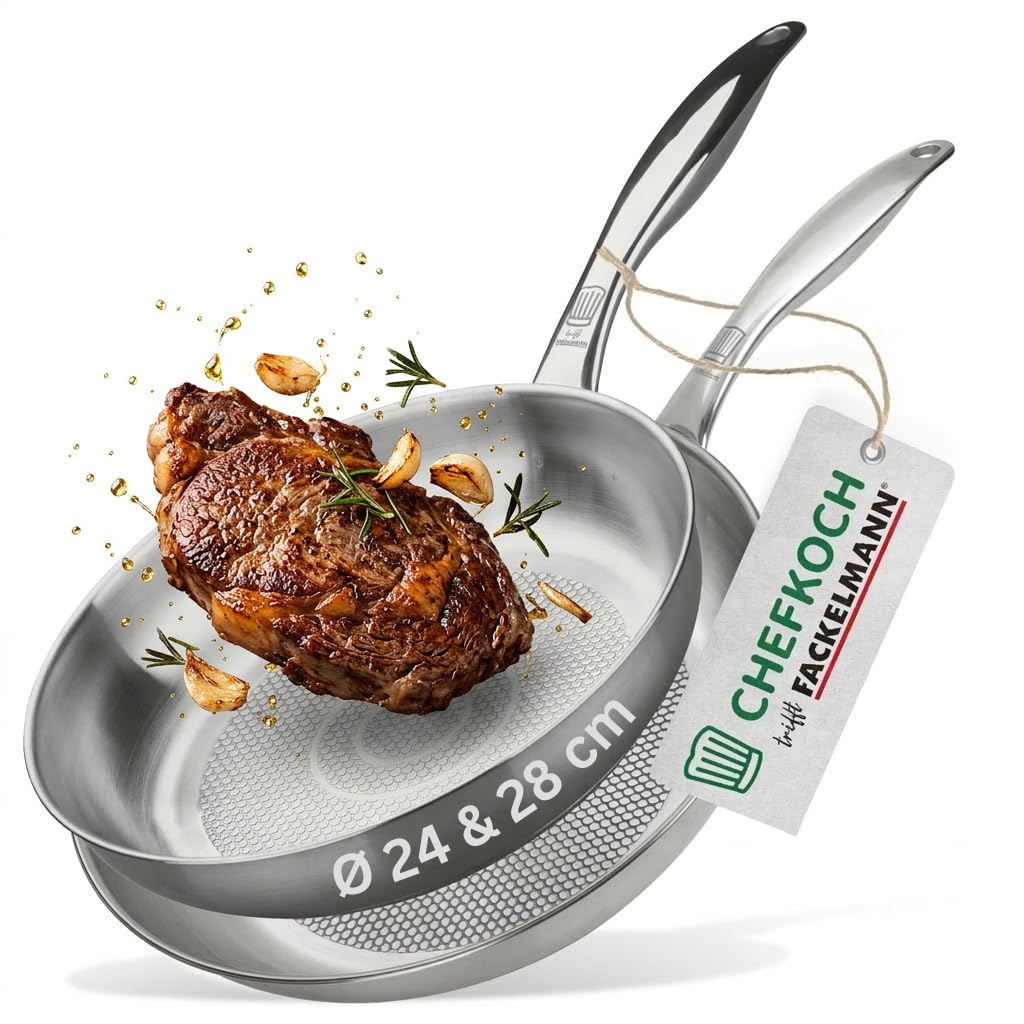 FACKELMANN Chefkoch Bratpfannen 2er-Set München aus Edelstahl Ø 28 & 24cm, Induktionsgeeignet & Spülmaschinenfest