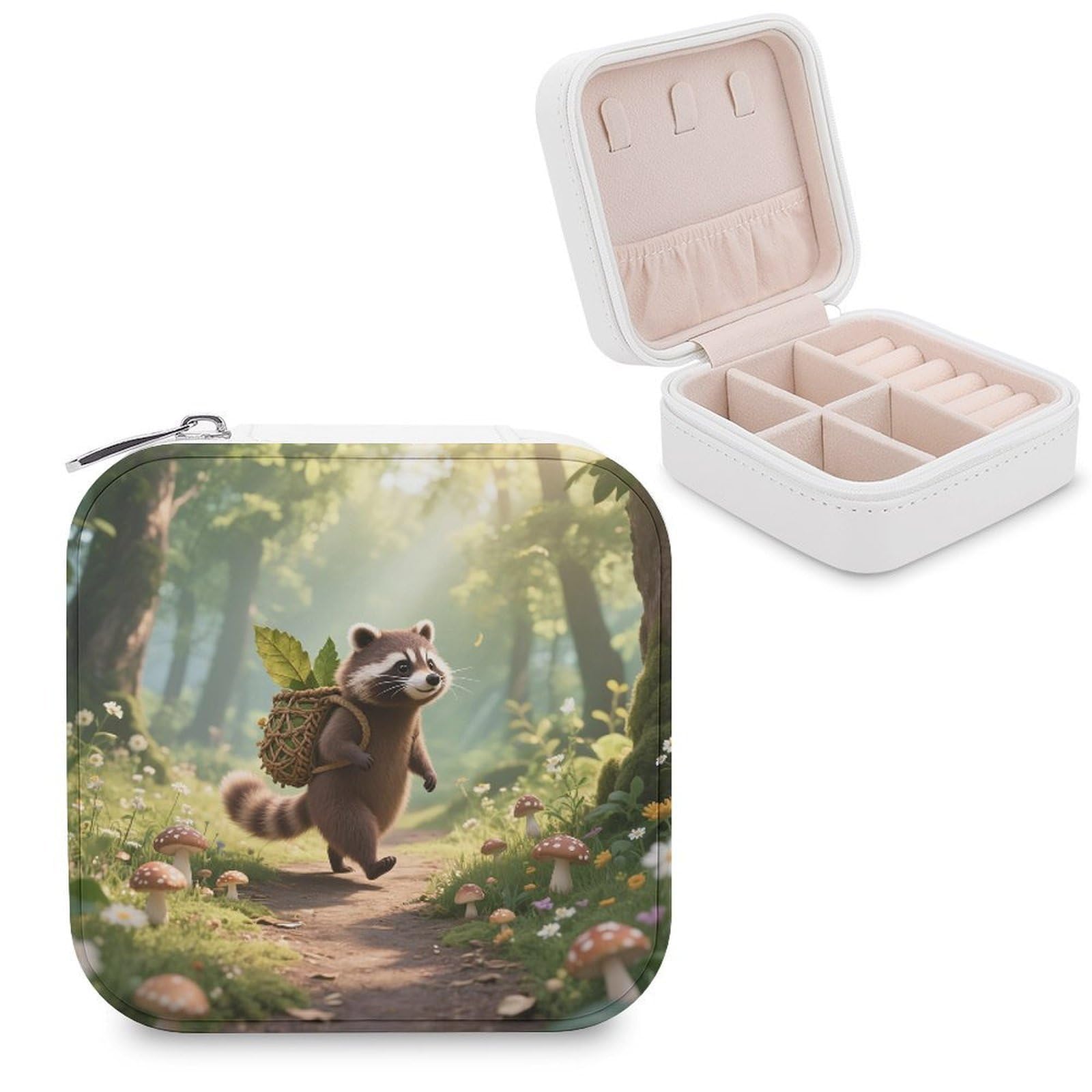 VstaDank Forest Raccoon Jewelry Organizer Travel Case for Women With Zipper Mini Jewelry Case PU Leather Jewelrys Box for Rings Necklaces Bracelets Earring Holder Organizer Storage