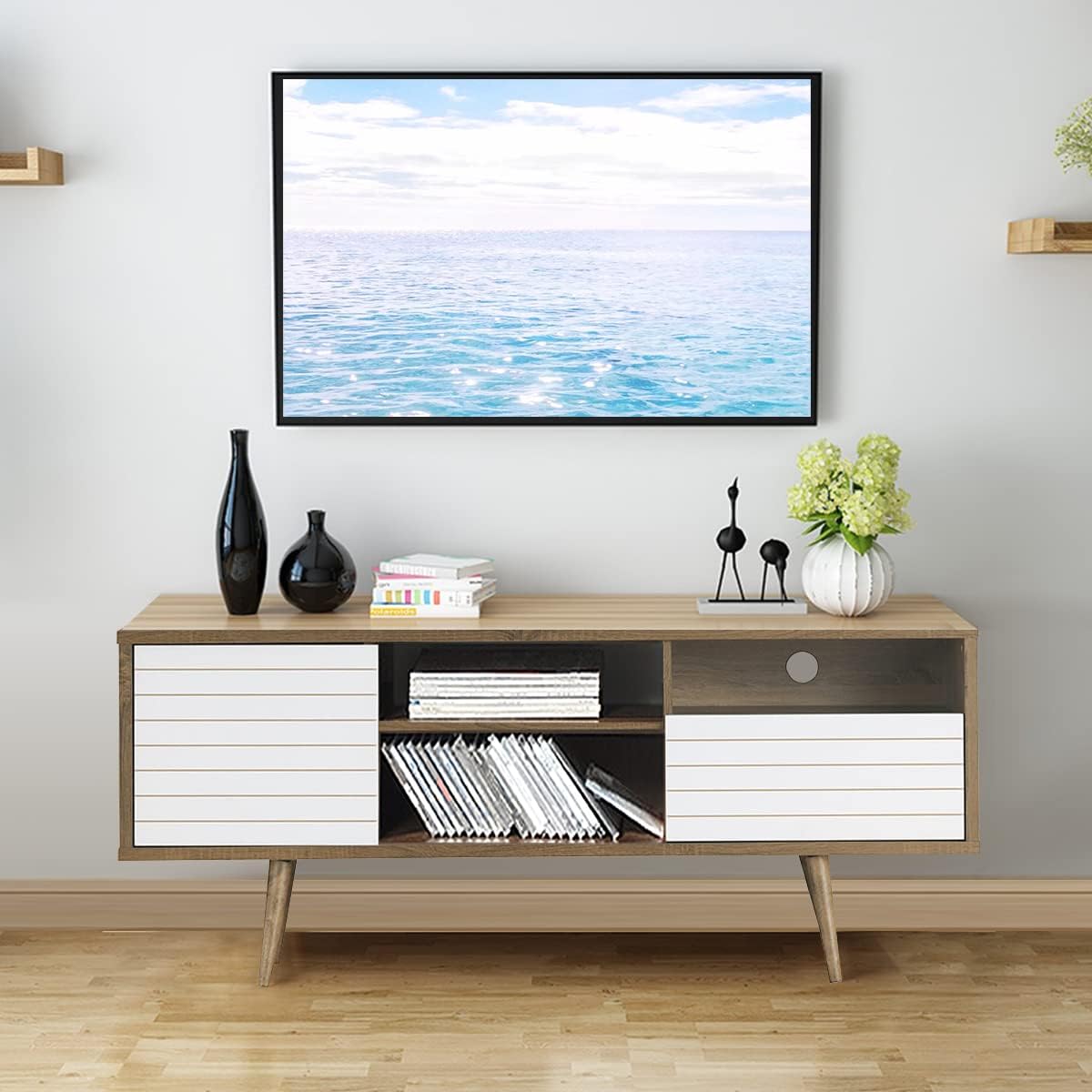 Mid-Century Modern TV Stand for 65” TV, Home Entertainment Center w/ 2 Cable Holes & 4 Tapered Dowel Legs, Wood TV Console Table w/Drawer, Shelves and Cabinet for Living Room