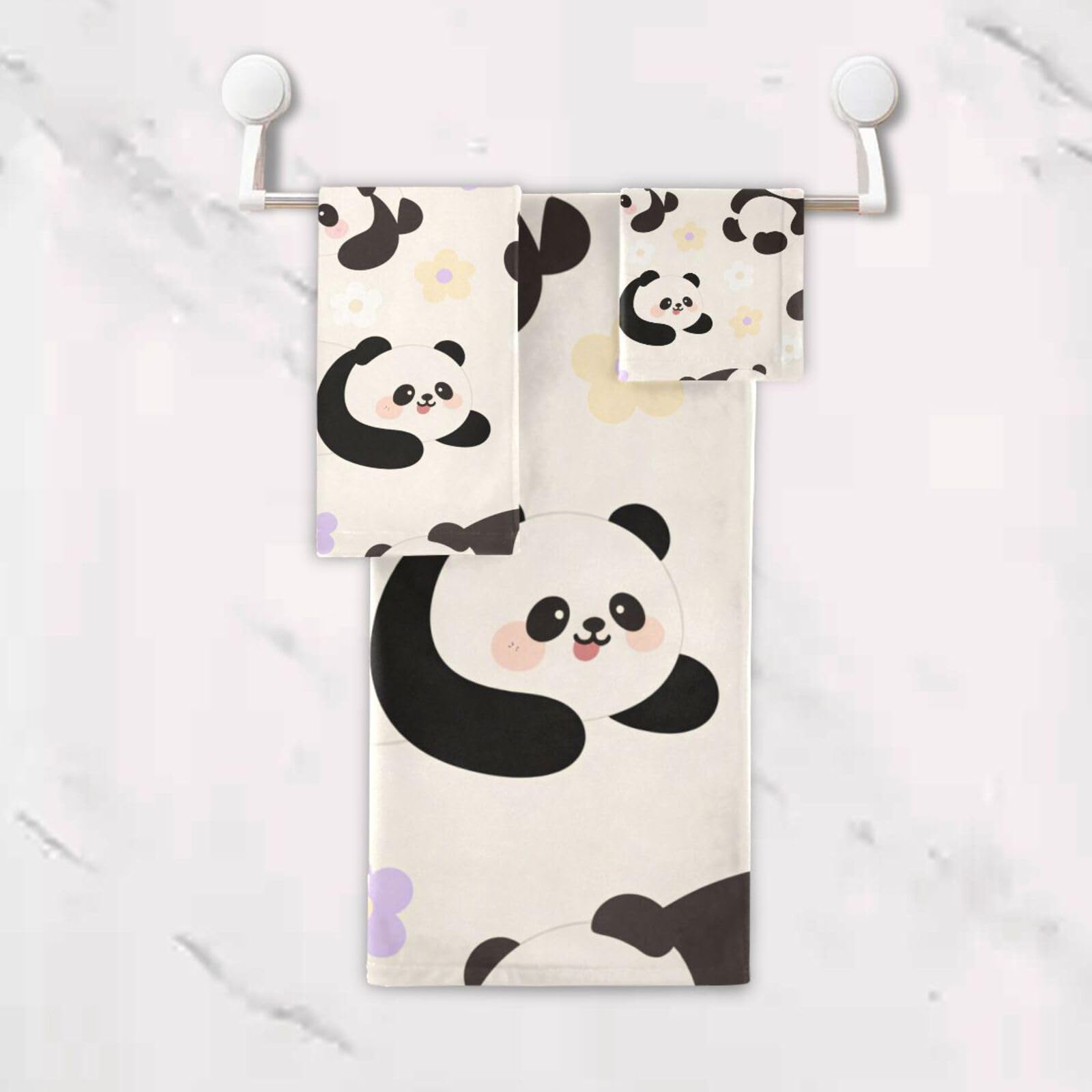 Set di 3 asciugamani per la pulizia del viso a forma di panda bianco con cartoni animati, 1 asciugamano da bagno, 1 asciugamano per le mani, 1 panno per la casa, cucina, hotel, palestra, nuoto, spa