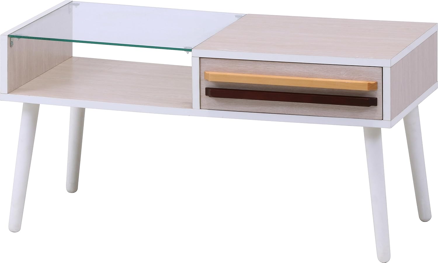 Fuji Boeki Oslo 10033 Low Glass Table, W 31.5 x D 16.9 x H 16.5 inches (80 x 43 x 42 cm), White Wash, Storage Drawer Included,