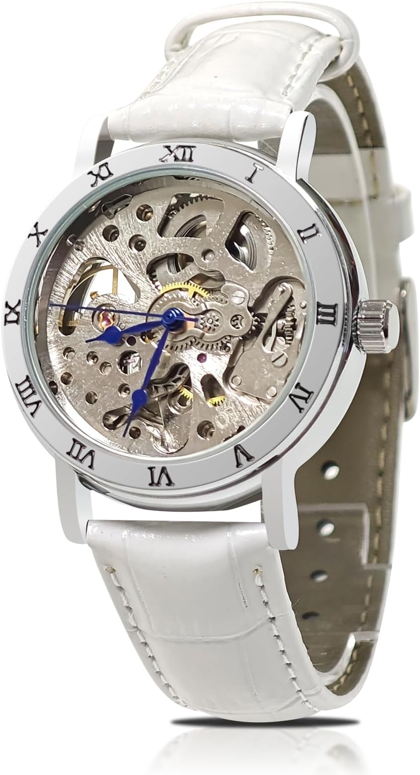 Women's Watches, Mechanical Automatic Self-Winding Watch for Women, Steampunk Lady Dress Bracelet Wrist Watch with Genuine Leather Watch Band Strap