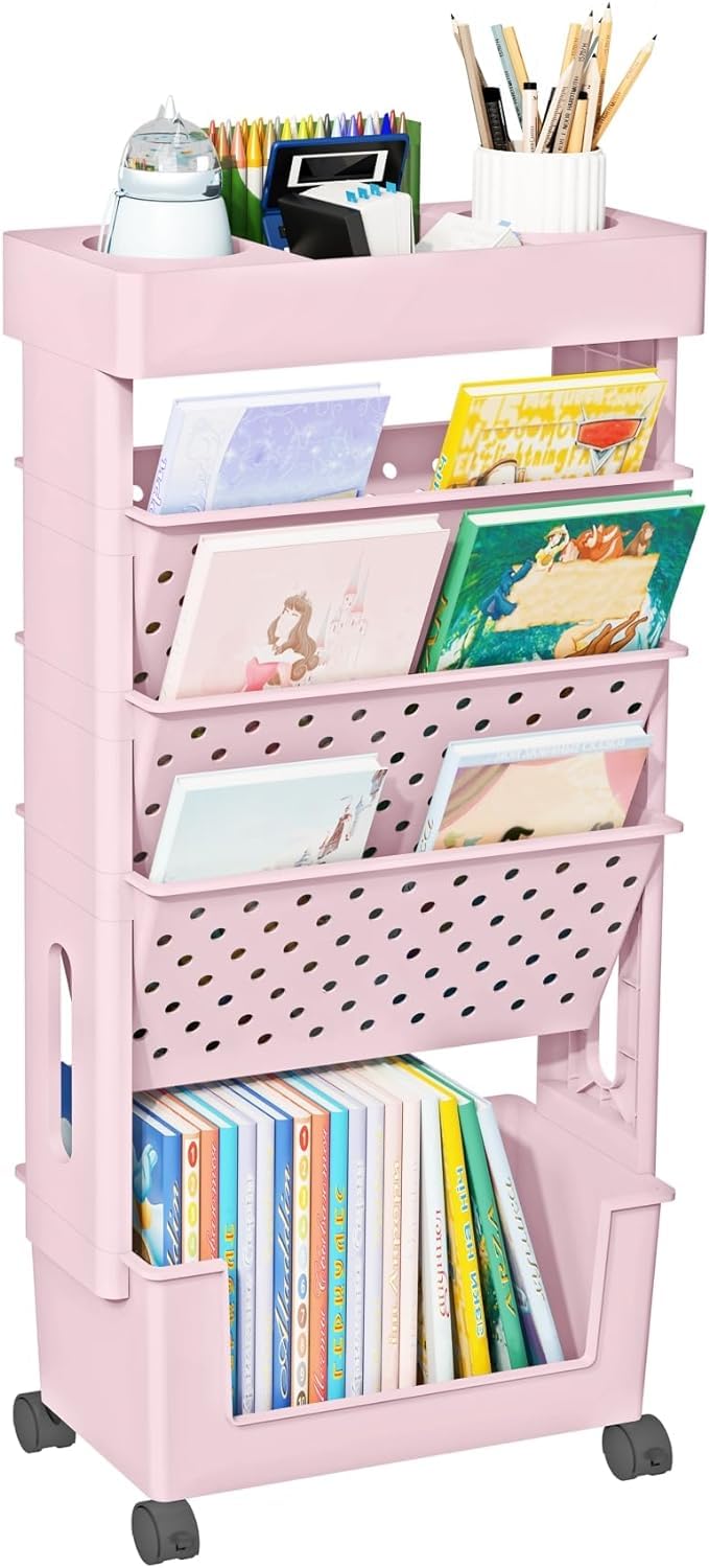 5 Tier Rolling Utility Cart Multi-Functional Storage Trolley with Lockable Casters for Office, Living Room, Kitchen, Classroom Movable Storage Organizer with Wheels(Pink)