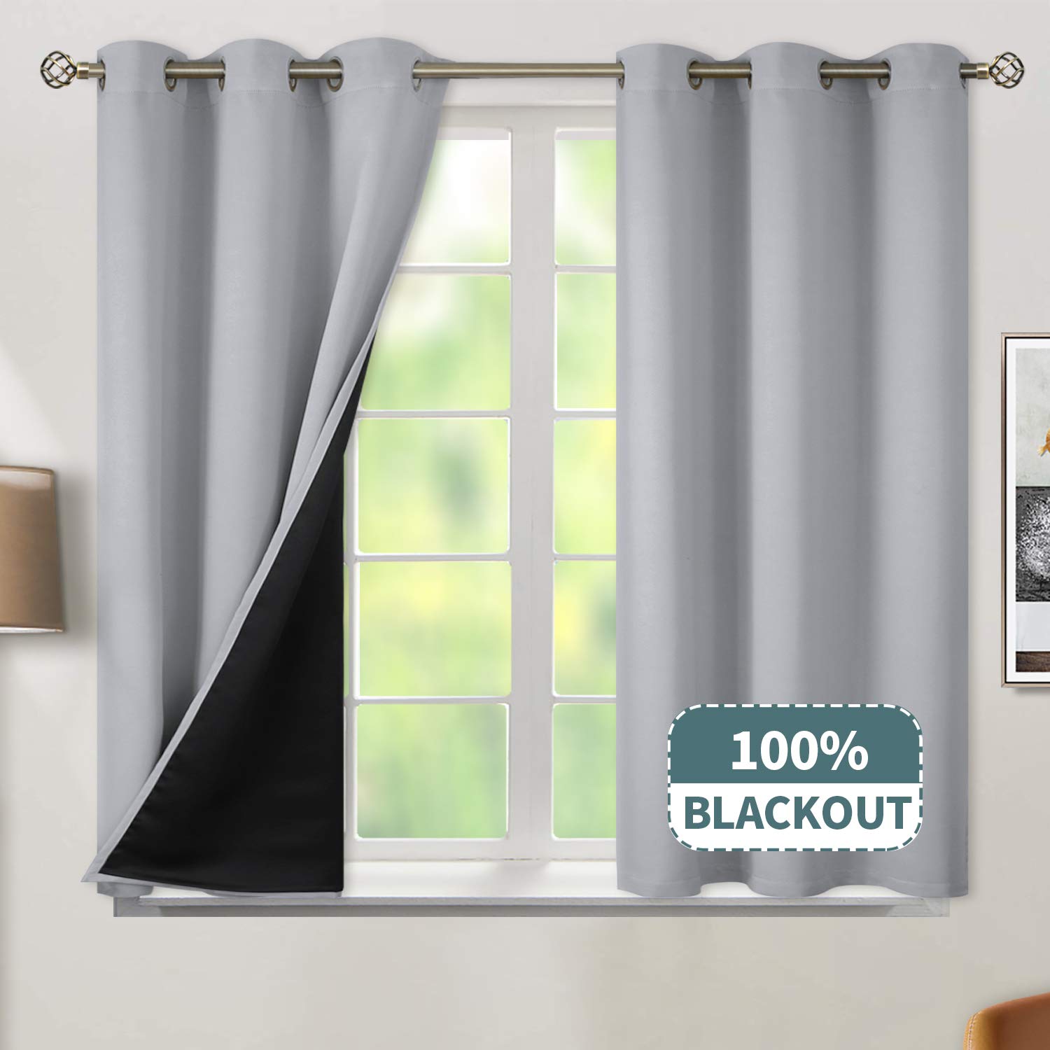 BGment Rideaux 100% occultants à Isolation Thermique pour Chambre à Coucher avec Doublure Noire, Double Couche, occultant, réduction du Bruit (106 x 160 cm, Gris Clair, 2 Panneaux)
