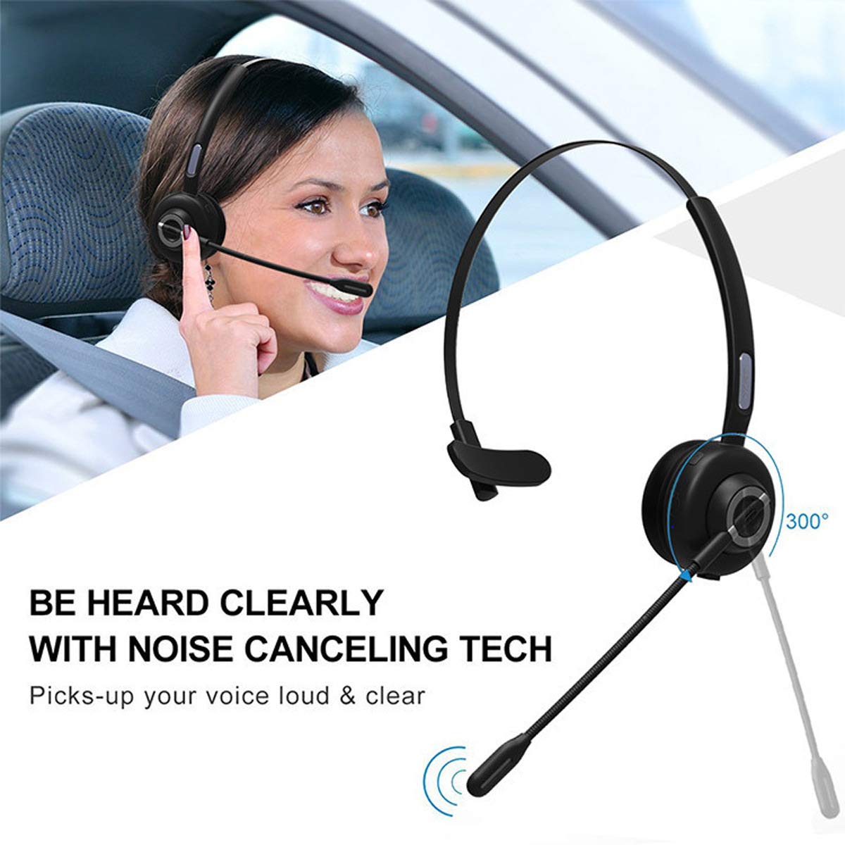 Casque Bluetooth Mono avec Microphone - sans Fil, Station de Charge Dock, Mains Libres, Réduction de Bruit, Rotation 300°