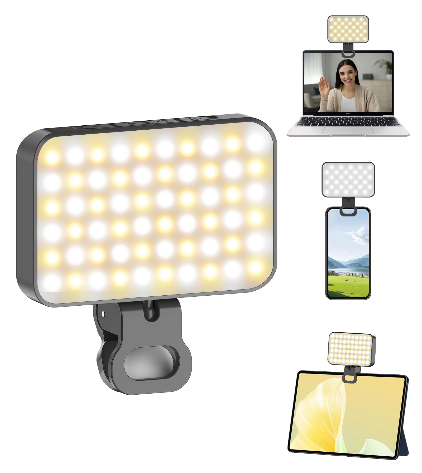 TONEOF 60 LED Selfie Light for iPhone,2000mAh Rechargeable Phone Light with Clip,3000K-6500K Portable Clip on Light,3 Lighting Modes for Video Conferences,Zoom Meetings,Webcam,Laptop,Streaming,Makeup