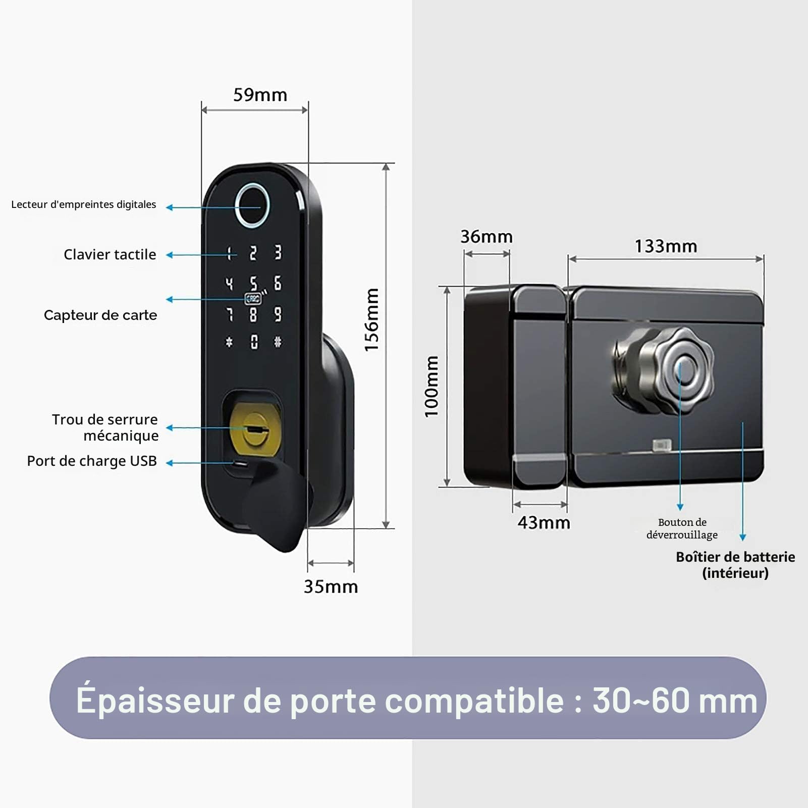 Serrure de porte intelligente WiFi avec empreinte digitale et clavier