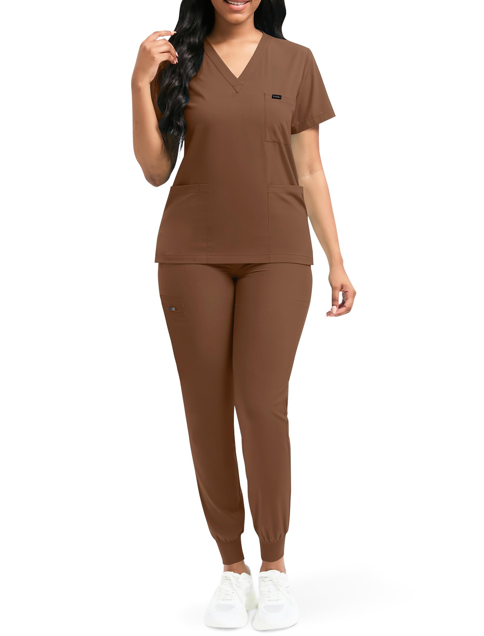niaahinn Scrubs for Women Set Classic V-Neck Top and Yoga Jogger Pant Medical Nursing Uniform Scrubs Set (Brown, M)