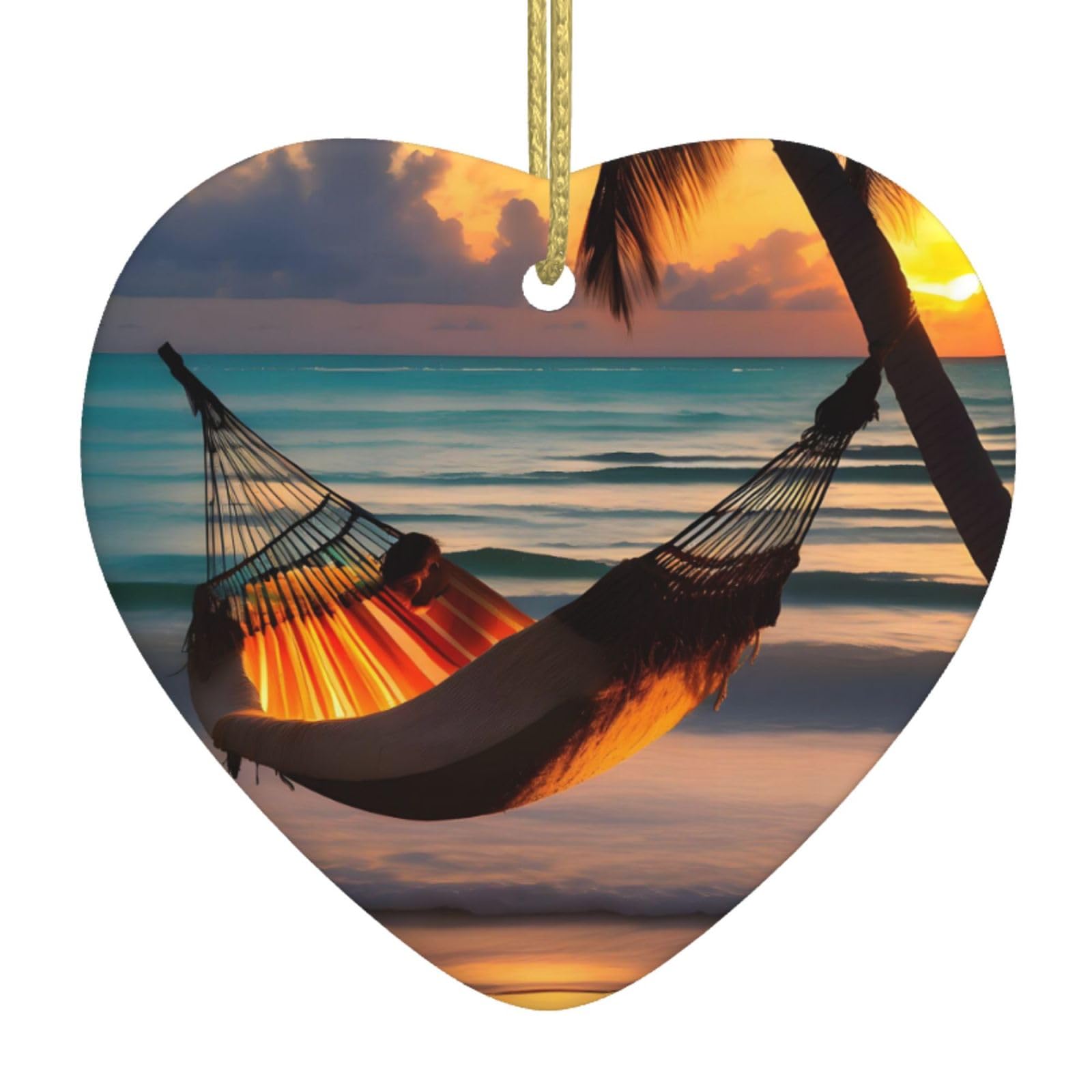 Sunset Beach Hammock Ceramic Christmas Heart Pendant with Silk Thread, Christmas Tree Home Decoration