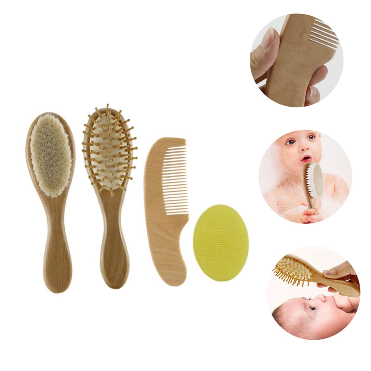 Angoily Detangler Brush Comb Set for Baby Wooden Scalp Massager Children's Bath Brush Wooden Boys and Girls Comb Bathing Tool