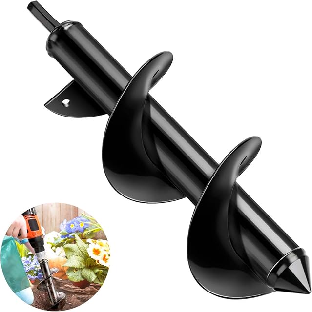 Powcan Garden Drill Bit Garden Auger Drill Bits 8x25cm Gardening Planter Tool Hand Soil Cultivator Plant Flower Bulb Post or Umbrella Drill Hole Digger for 3/8" Hex Drive Drill (Black)