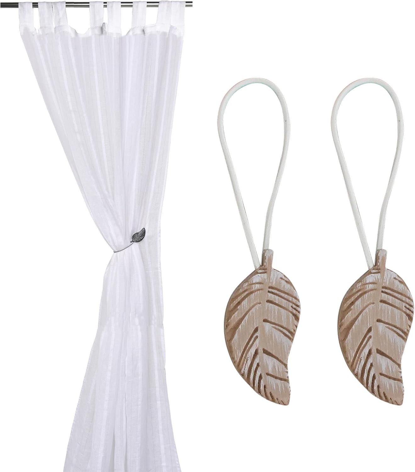 Set of 2 Magnetic Wooden Leaf Curtain Tiebacks - Black/Silver
