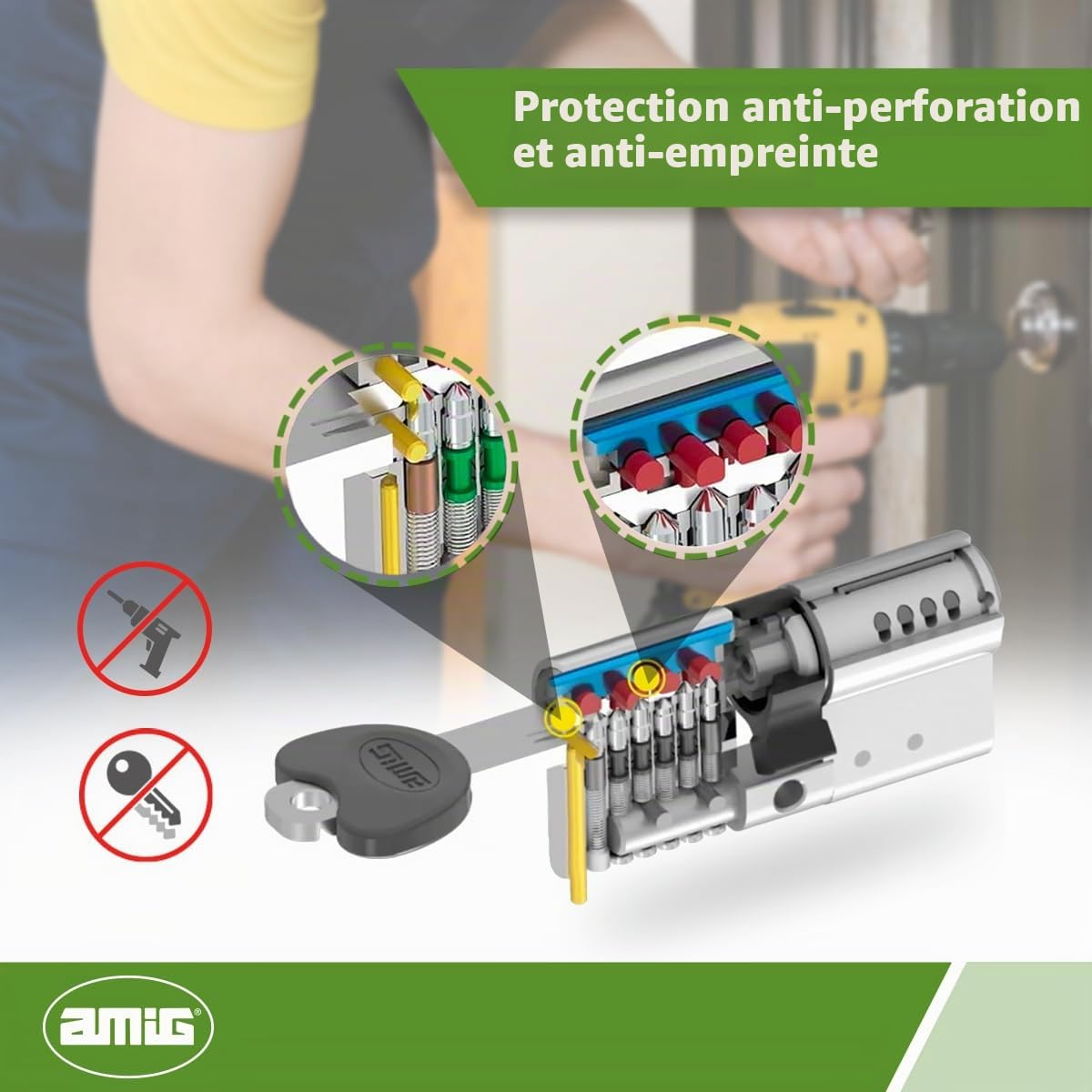 Amig - Serrure de Cylindre Sécurité Modèle 20000 | Haute Protection Anti-Perçage | Anti-Bumping et Crochetage | Installation Facile, Mat, 62 mm, Laiton
