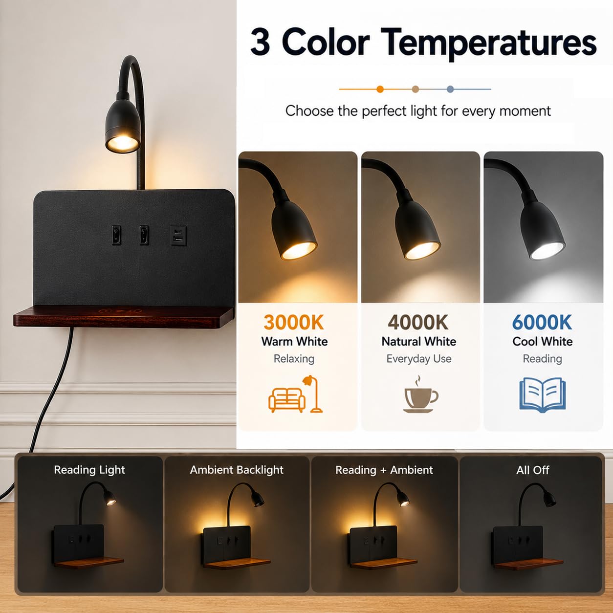 Schwarz LED Wandleuchte innen Holz Wandlampe schlafzimmer mit USB-A&USB-C Anschluss+15W Wireless Charger, Flexibler Schwanenhals Leselampe Bett 3 Farbtemperatur Modi, Bettlampe mit Stecker 1,5m Kabel