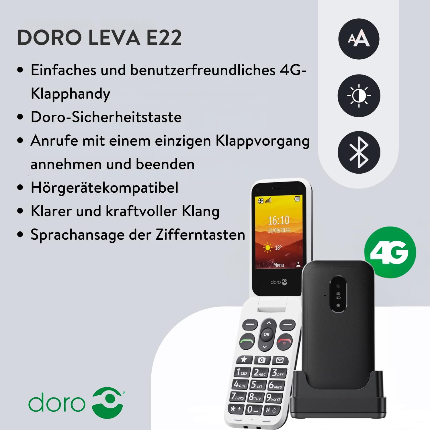 Doro - Telefon Leva E22 – 4G Klapphandy für Senioren – 2,8 Zoll Display, kontrastreiche Tasten, besonders klarer Klang, HD Voice, Kamera, Secure-Taste – Inklusive Ladestation – Schwarz/Weiß
