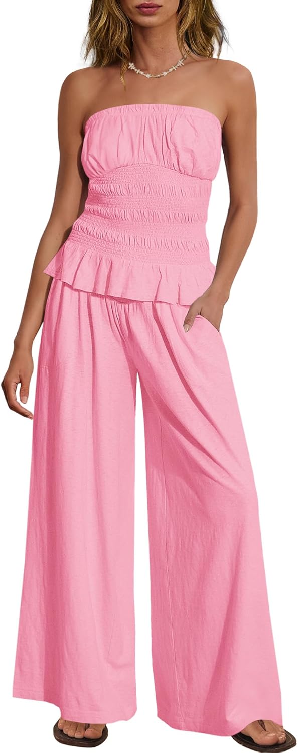 Yanekop Womens 2 Piece Lounge Set Two Piece Sets Summer Vacation Outfits Strapless Tube Top Wide Leg Pants with Pockets - Image 3