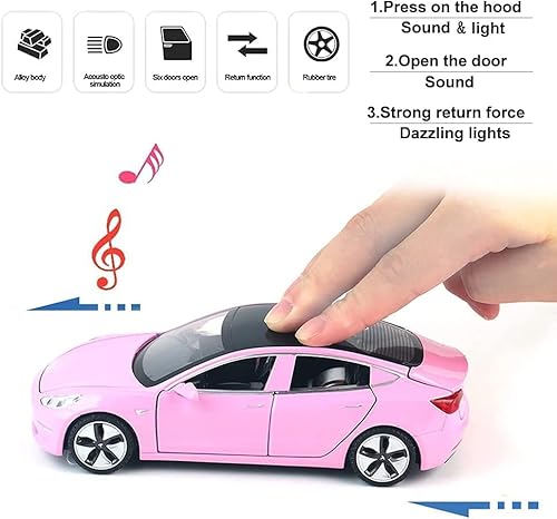 Car Model 3 1:32 Scale Alloy Diecast Pull Back Electronic Toys With Lights And Sound, Mini Vehicles Toys For Kids Gift Tesla Car Lovers (Pink) #TOP6