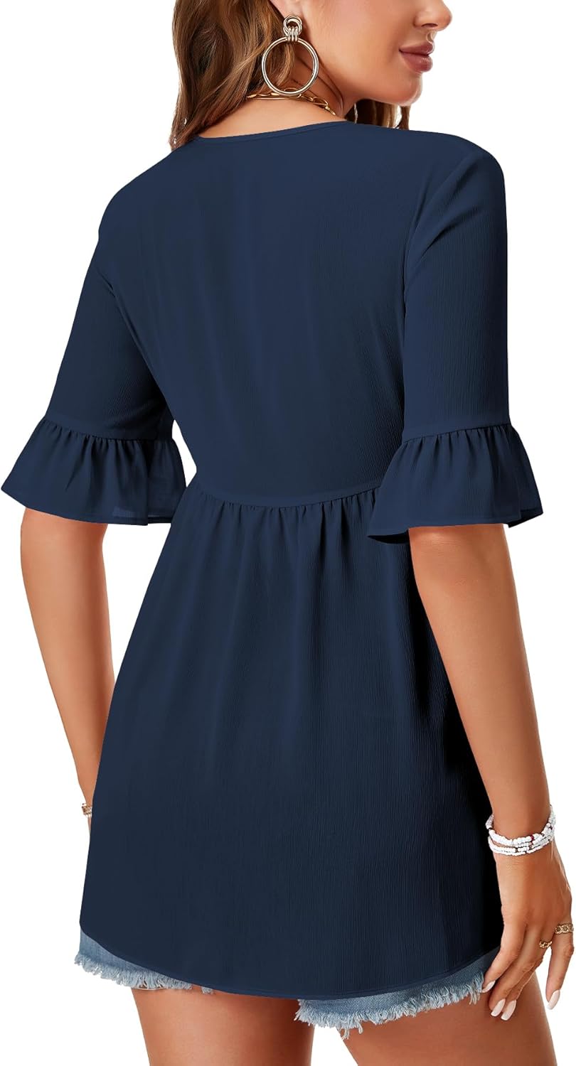 LYANER Women's V Neck Flounce Half Sleeve Tie Knot Front Coverup Beach Cardigan Blouse - Image 5