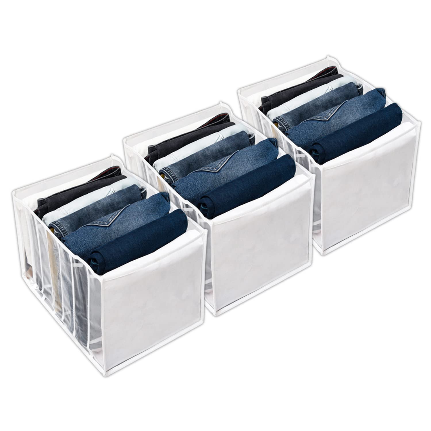 Kuber Industries Organizador de tela para armario, organizador de cajones de PVC de 0.40 mm, 7 rejillas plegables, transparente para camisetas, pantalones, calcetines, paquete de 3, color blanco