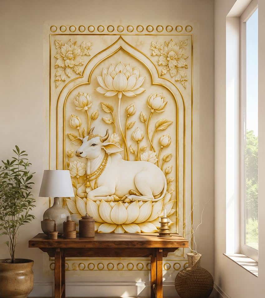 Image of Pichwai Cow Wallpaper for Mandir | Self-Adhesive Vinyl, Removable Marble Wall Sticker for Pooja Room & Temple