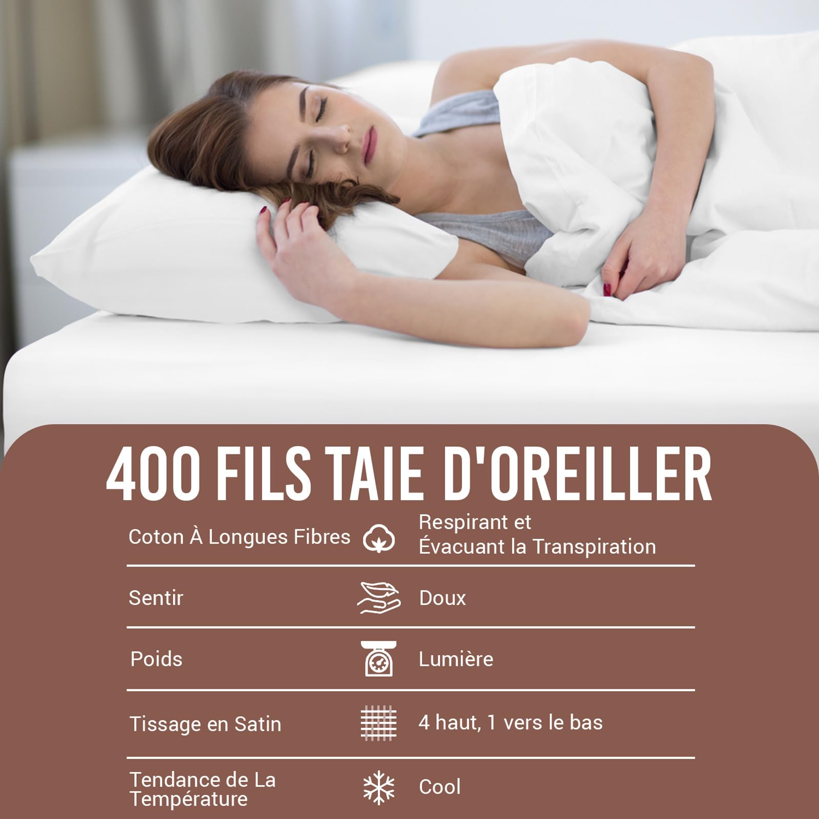 2 Taies D'Oreiller 50x75 Cm - Coton Peigné 400 Fils - Taupe - Douces Et Respirantes - Pizuna