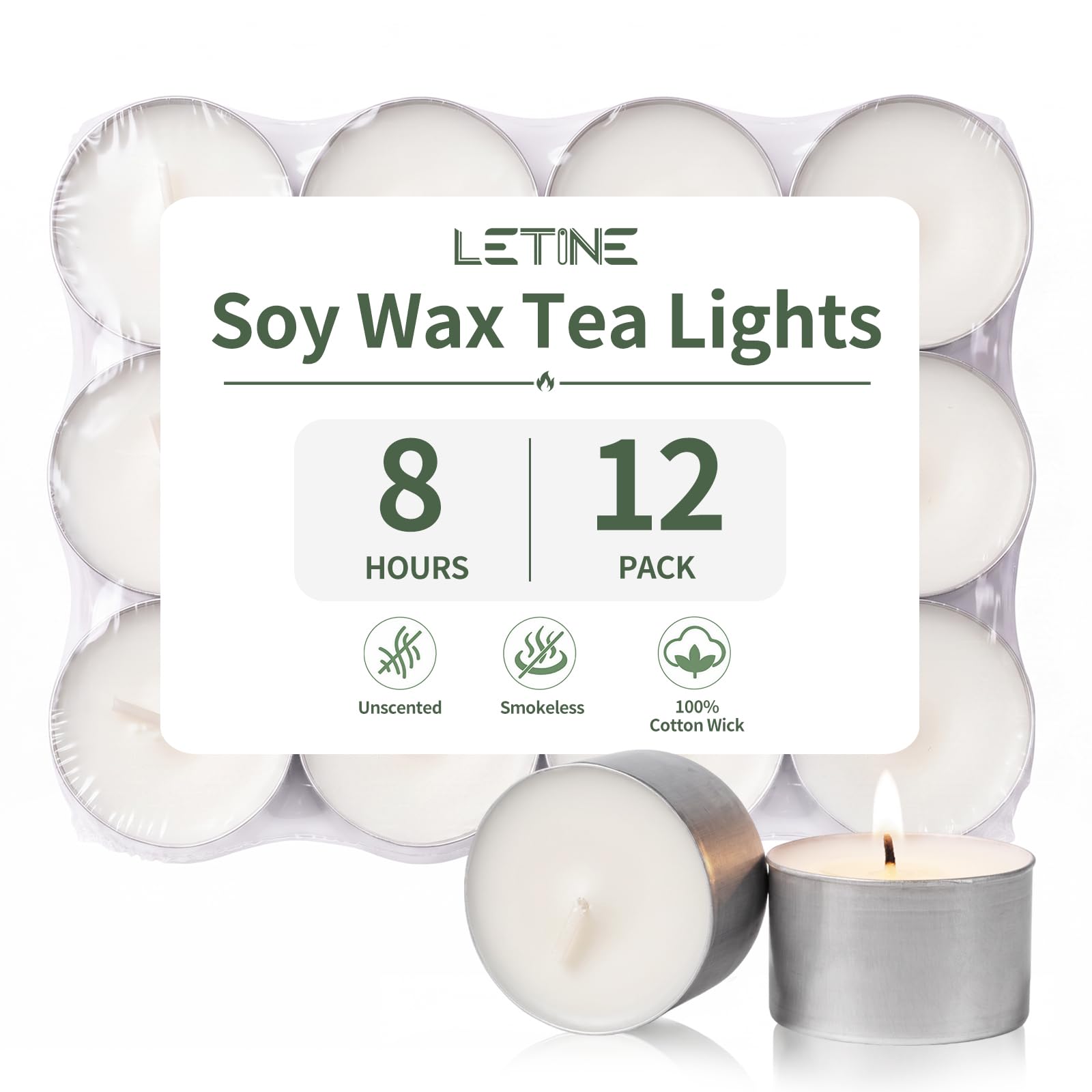 8-Hour Tealights Soy Wax 12 Pack Tea Lights Candles, Unscented Tea Light